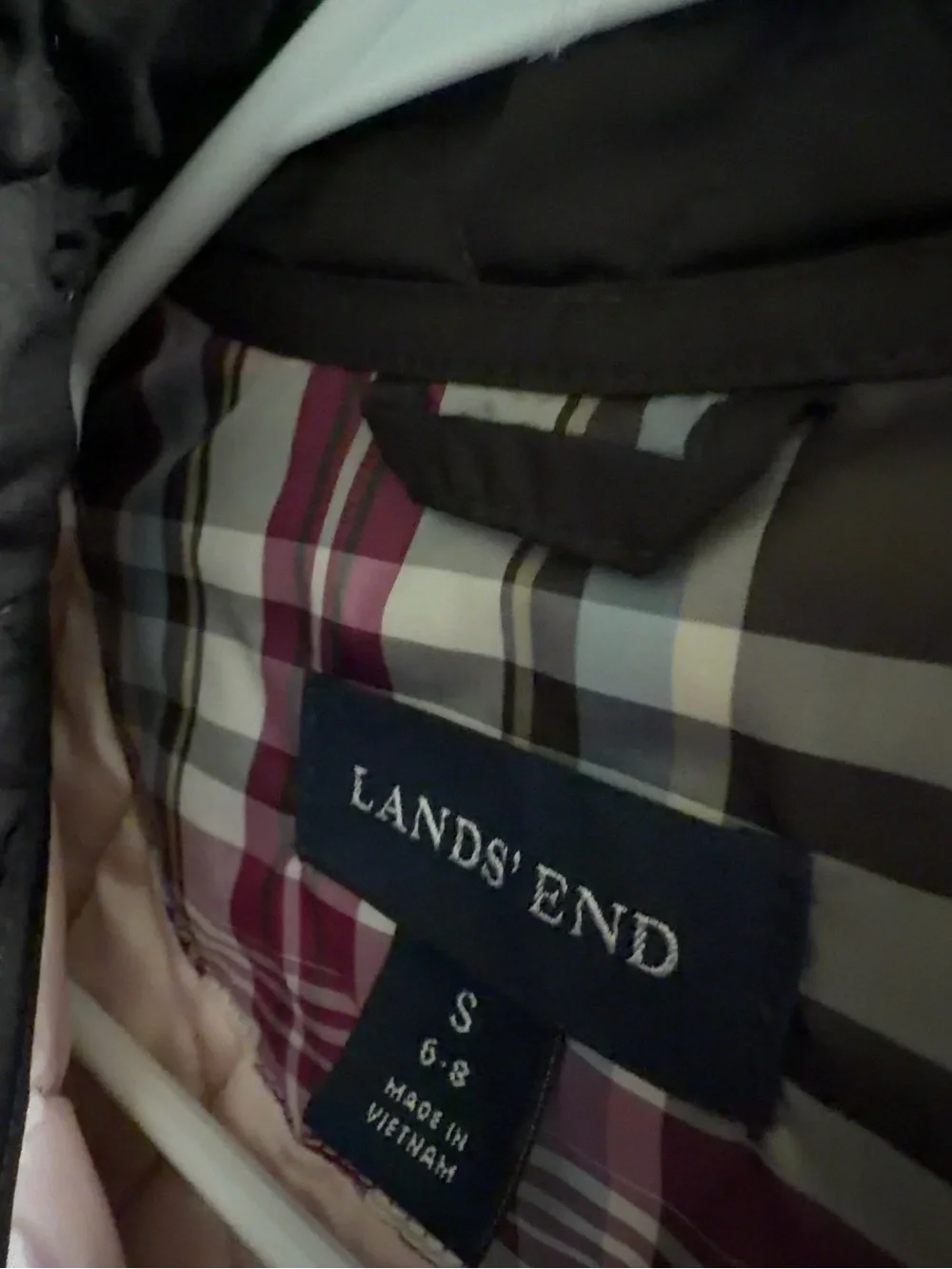 Lands' End Black Quilted Vest with Pink Plaid Lining